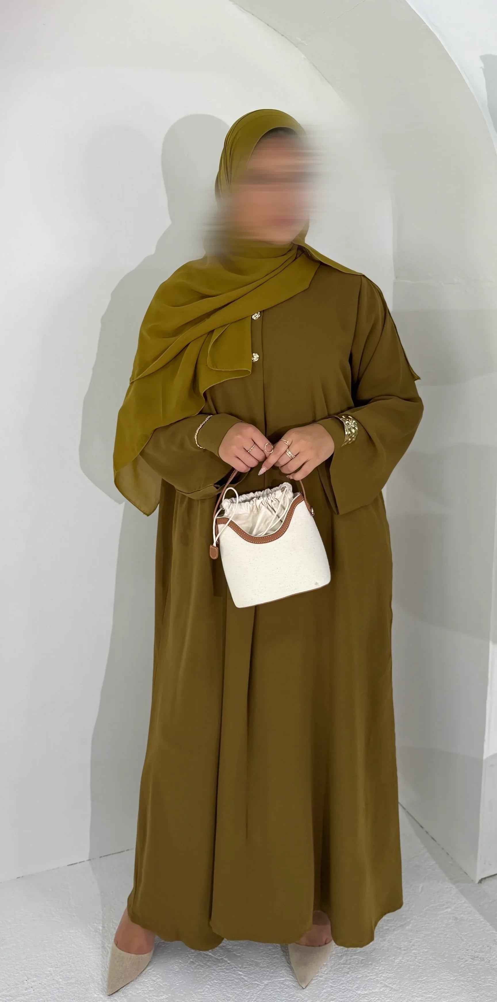 Olive Mirage Abaya Ensemble – Luxe Flow with Matching Hijab