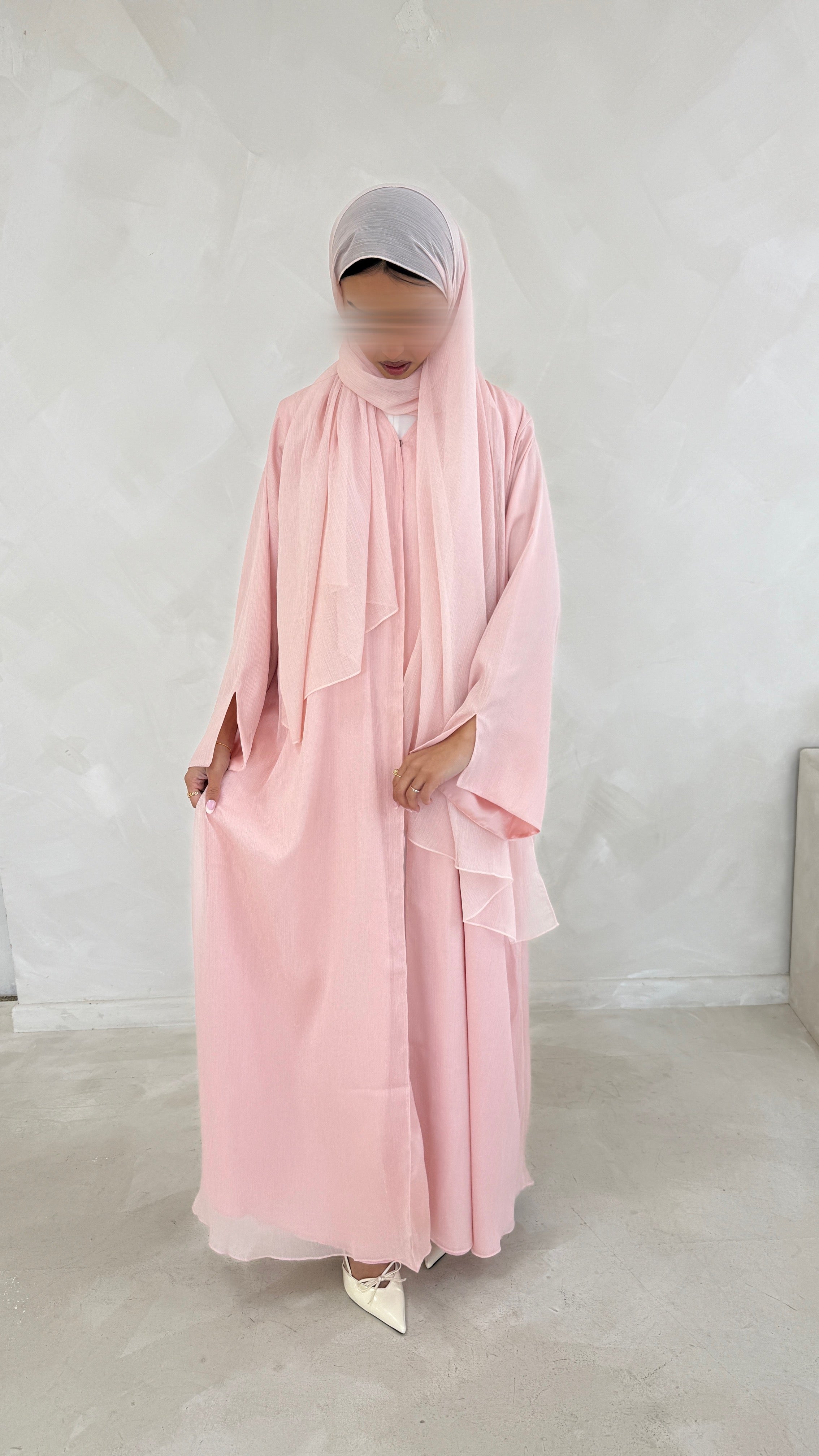 Non refundable-Noura Strawberry Milk Zari Open Abaya Set –Matching Hijab