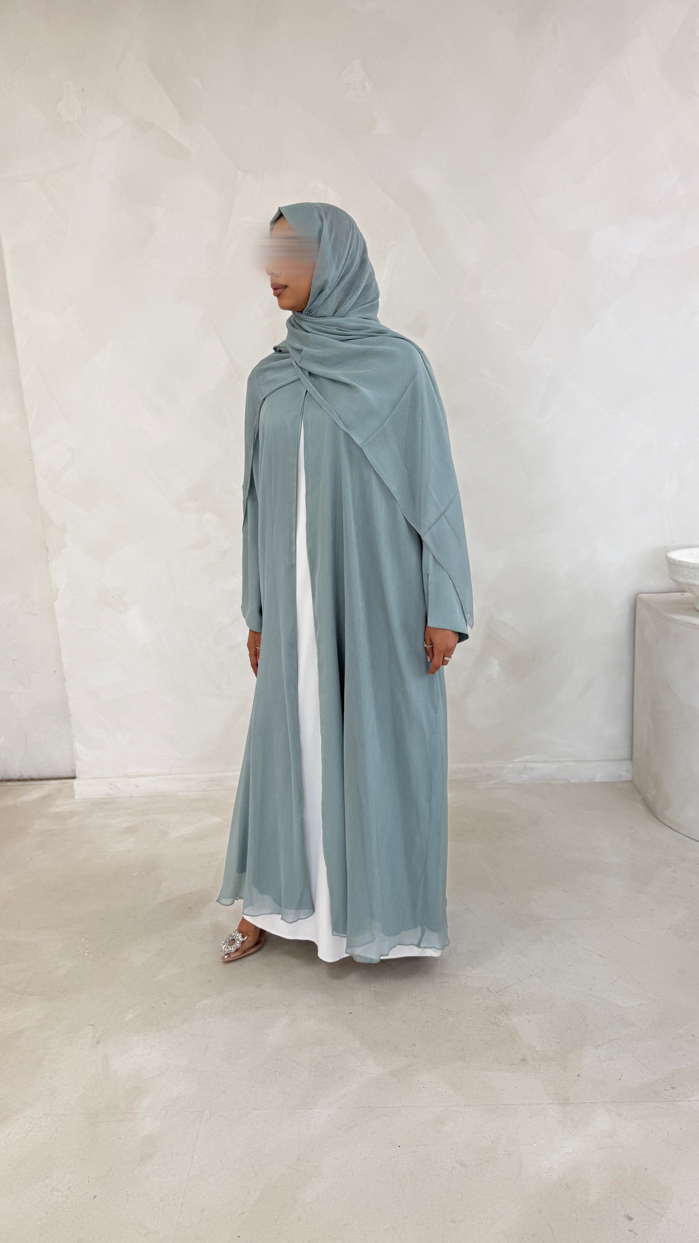 Noura Deep Teal Zari Open Abaya Set – Fully Lined with Matching Hijab