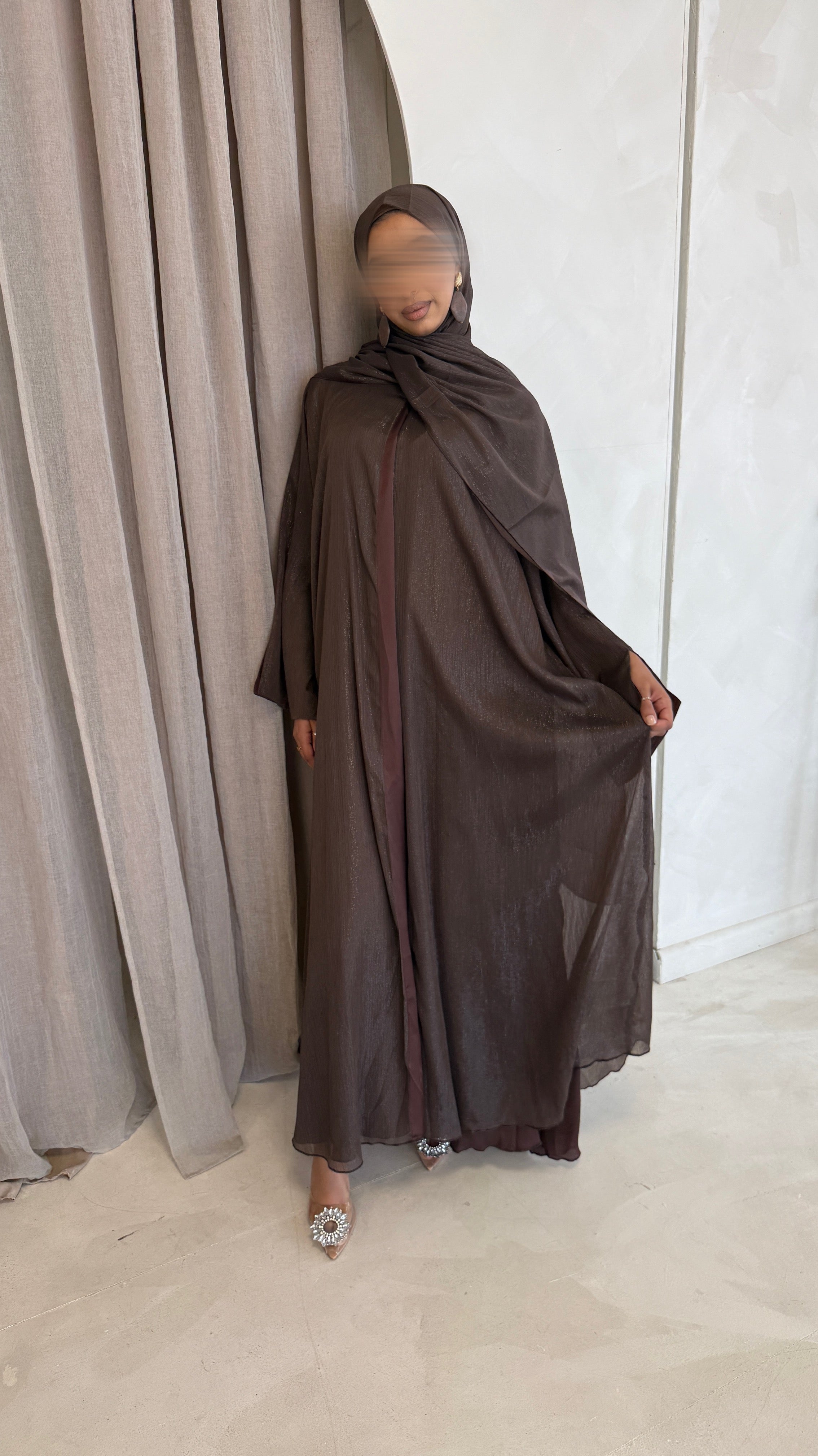 Noura Chocolate Zari Open Abaya Set – Fully Lined with Matching Hijab