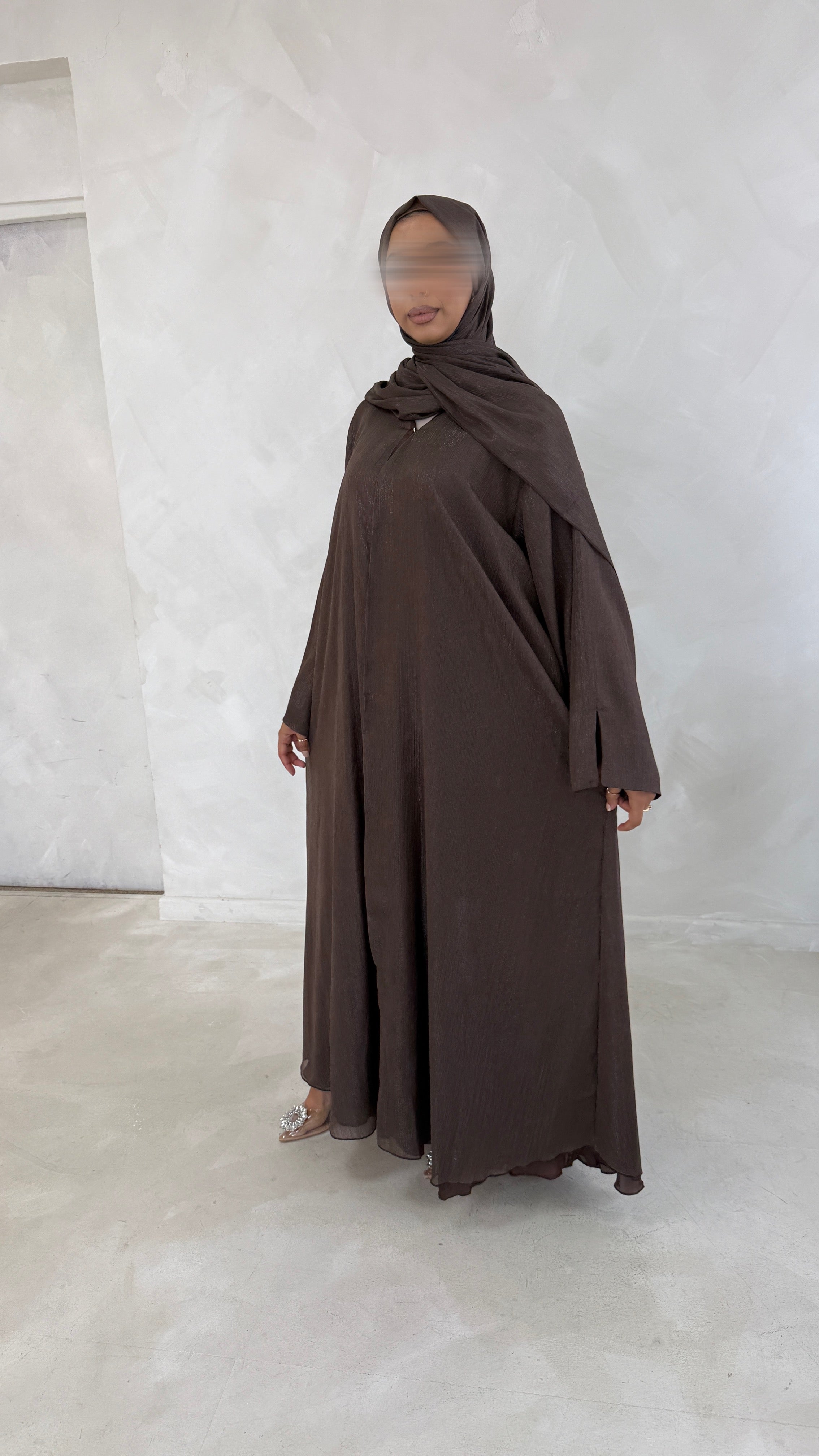 Noura Chocolate Zari Open Abaya Set – Fully Lined with Matching Hijab