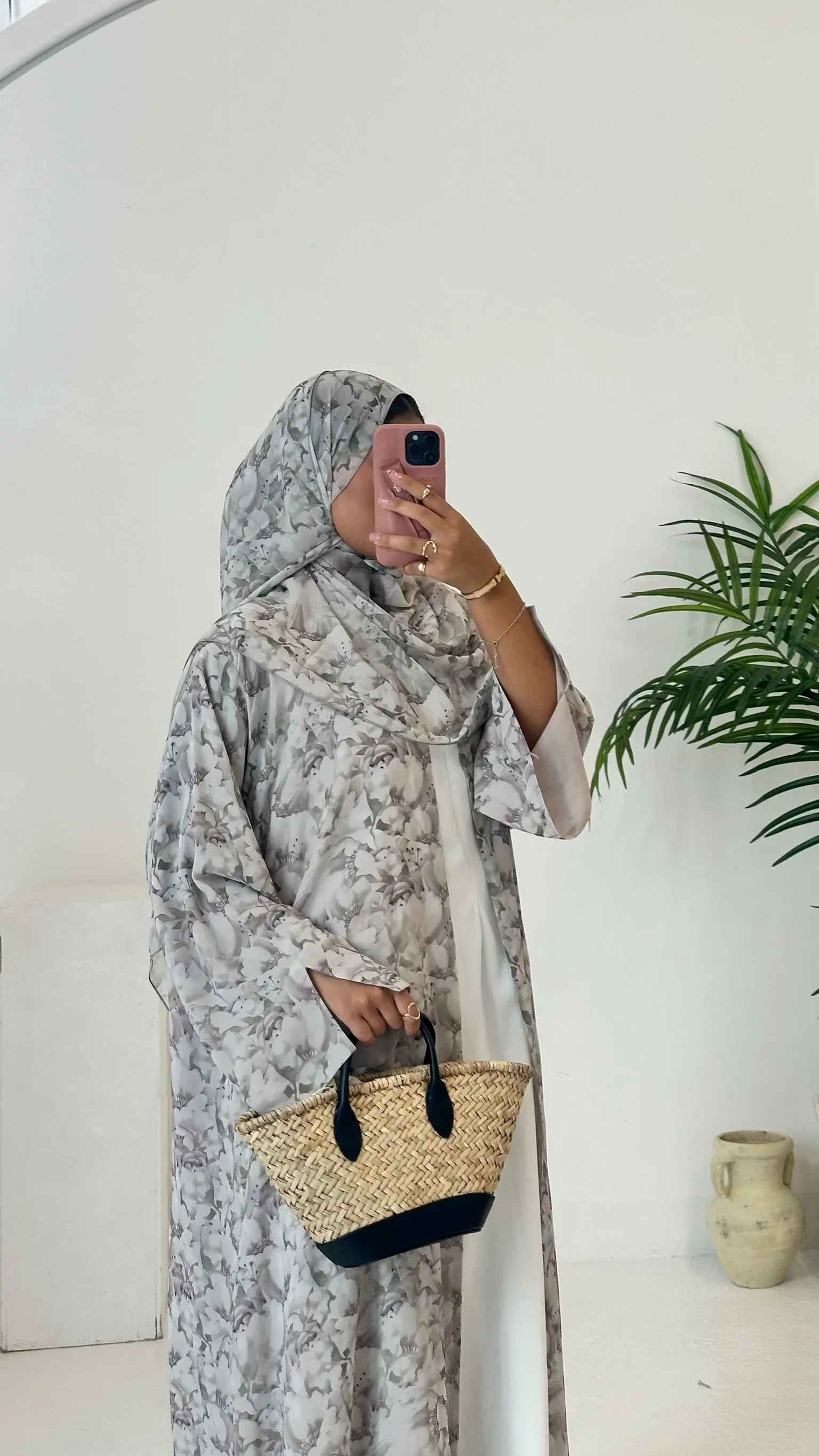 Lunelle Abaya – Lightweight Soft Greige Floral Modest Wear with Matching Hijab