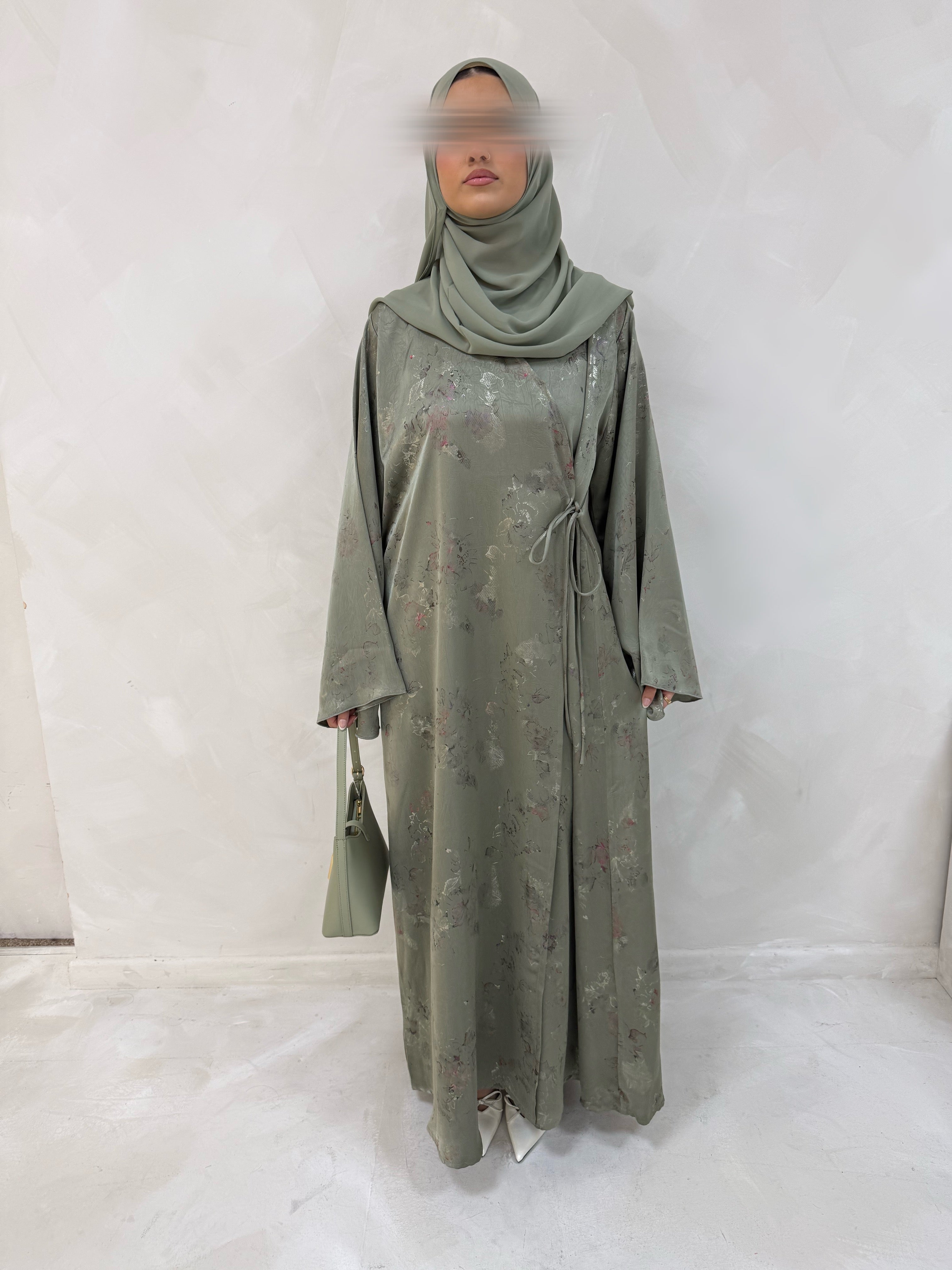 Mint Sakura – Luxury Floral Wrap Abaya with Matching Hijab