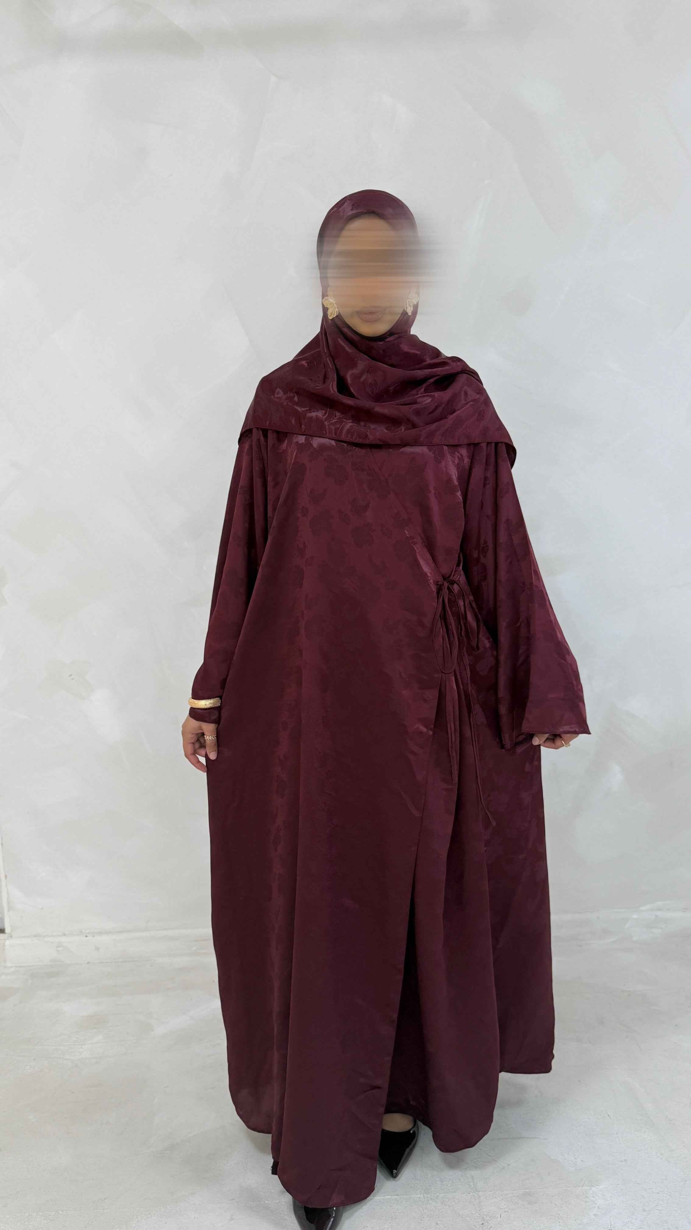 Deep Cherry Floral Wrap Abaya & Matching Hijab Set